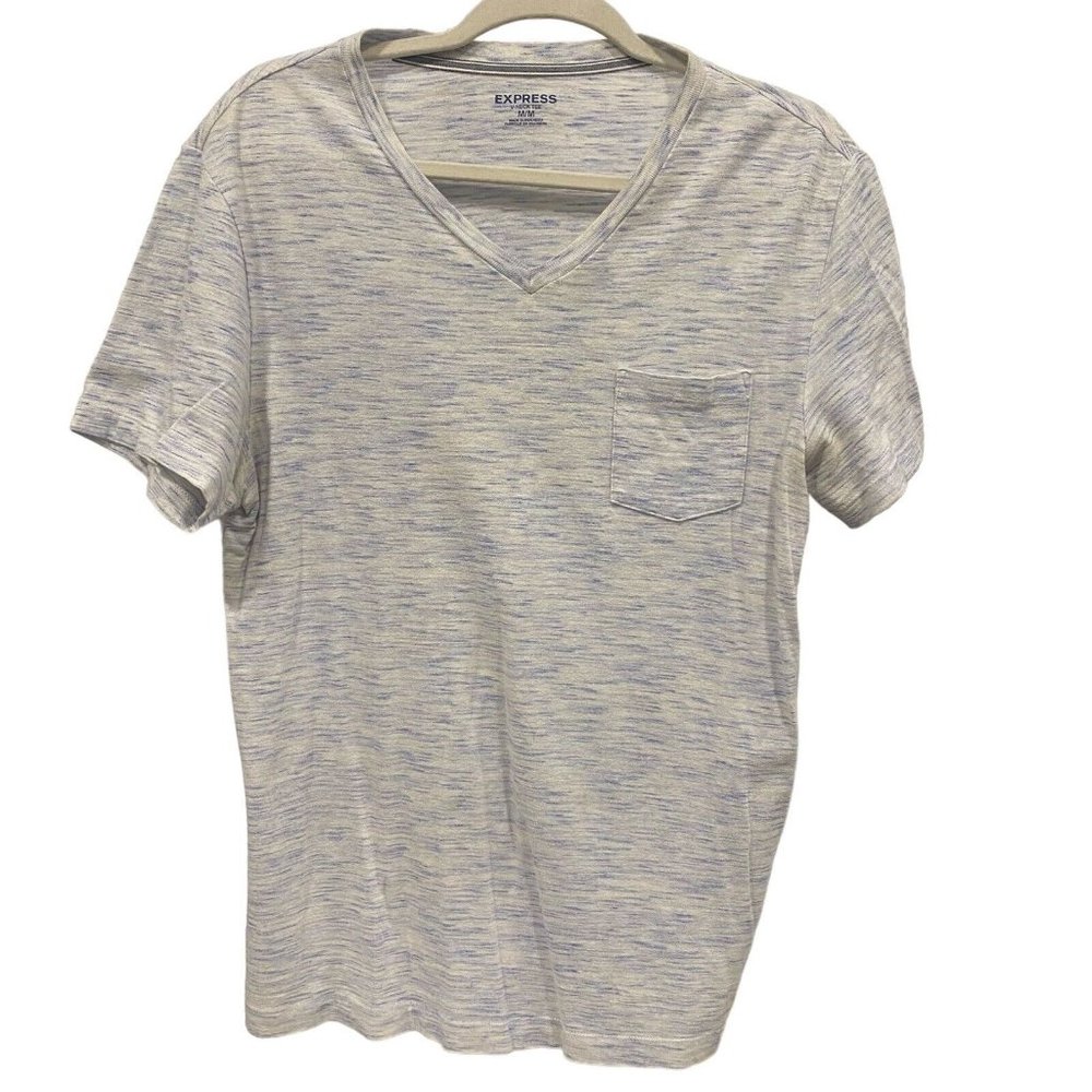 EXPRESS Men's White Gray Blue V Neck Casual Stretch Space Dyed T-Shirt MEDIUM